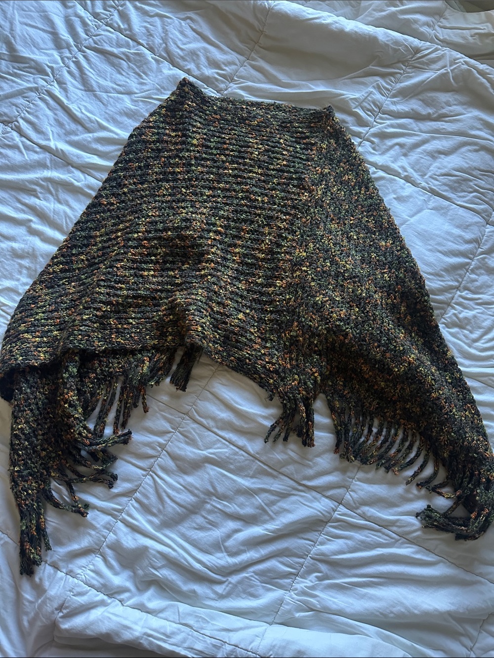 Fringed Multicolor Knit Poncho - Olive Mix